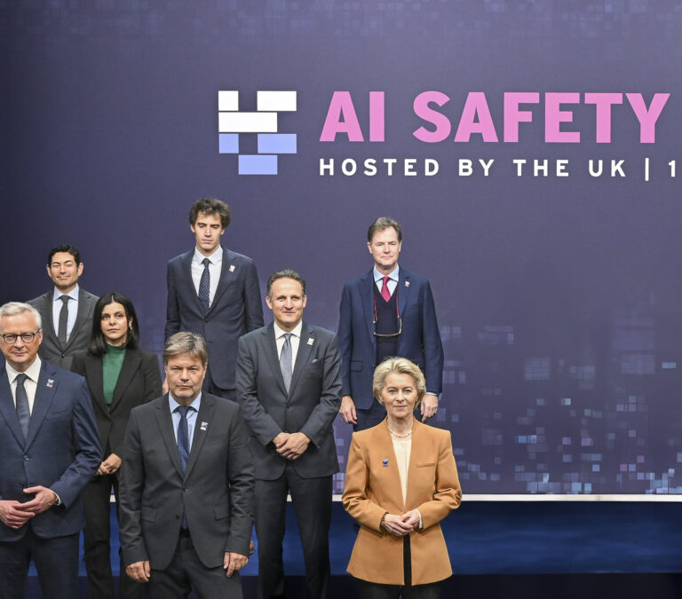 (First row L-R) France's Minister for Economy, Finance, Industry and Digital Security Bruno Le Maire, German Economy and Climate Minister Robert Habeck, European Commission President Ursula von der Leyen, U.S. Vice President Kamala Harris, British Prime Minister Rishi Sunak, Italy's Prime Minister Giorgia Meloni, UN Secretary General Antonio Guterres and Australia's Deputy Prime Minister and Minister of Defence Richard Marles pose for a family photo on the second day of the UK Artificial Intelligence (AI) Safety Summit. Photo: Leon Neal/Getty Images