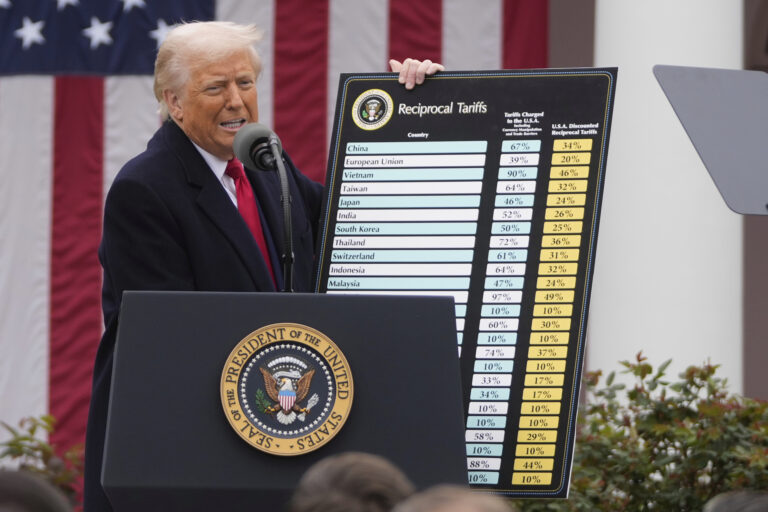 Prezident Donald Trump reční počas podujatia pri príležitosti oznámenia nových ciel v Ružovej záhrade v Bielom dome v stredu 2. apríla 2025 vo Washingtone. Foto: TASR/AP