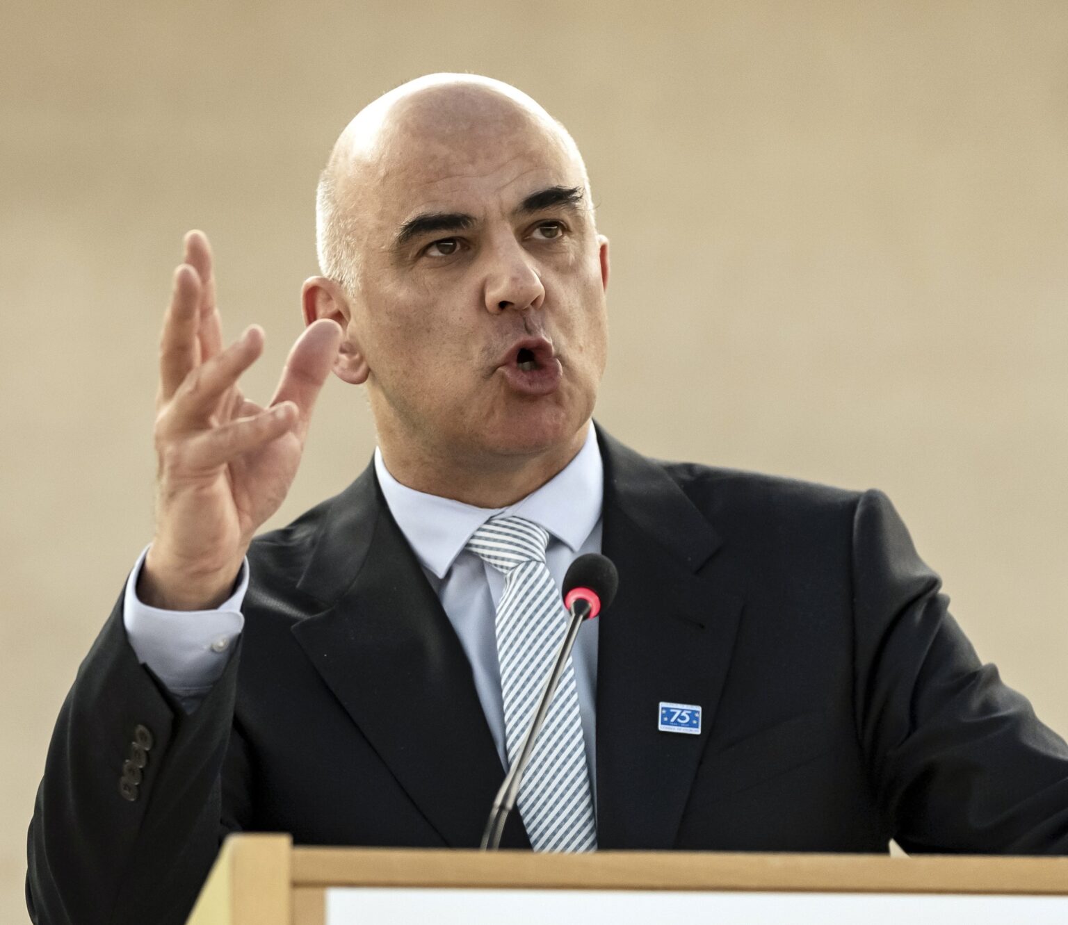 Generálny tajomník Rady Európy Alain Berset prednáša 58. zasadnutia Rady pre ľudské práva v európskom sídle OSN v Ženeve, Švajčiarsko, 25. februára 2025. Zdroj: Til Buergy / EPA / Profimedia
