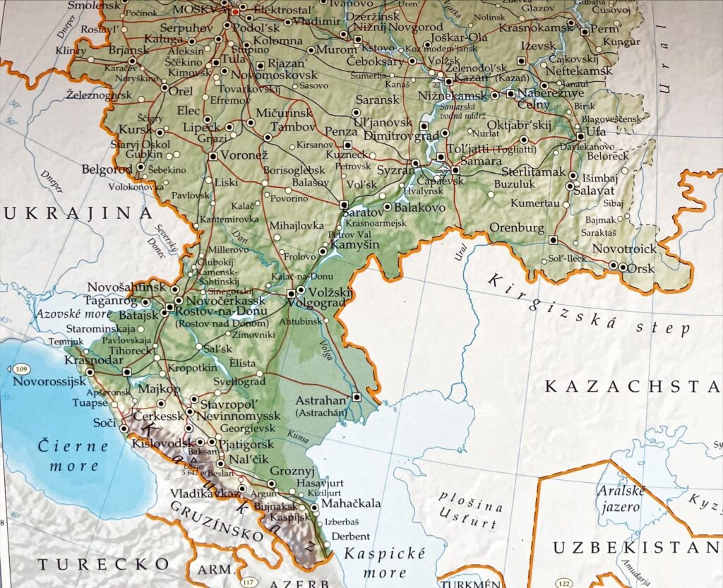 Mapa pozemného koridoru medzi Ukrajinou a Kazachstanom. Zdroj: Príručný atlas sveta (Ikar 2000)
