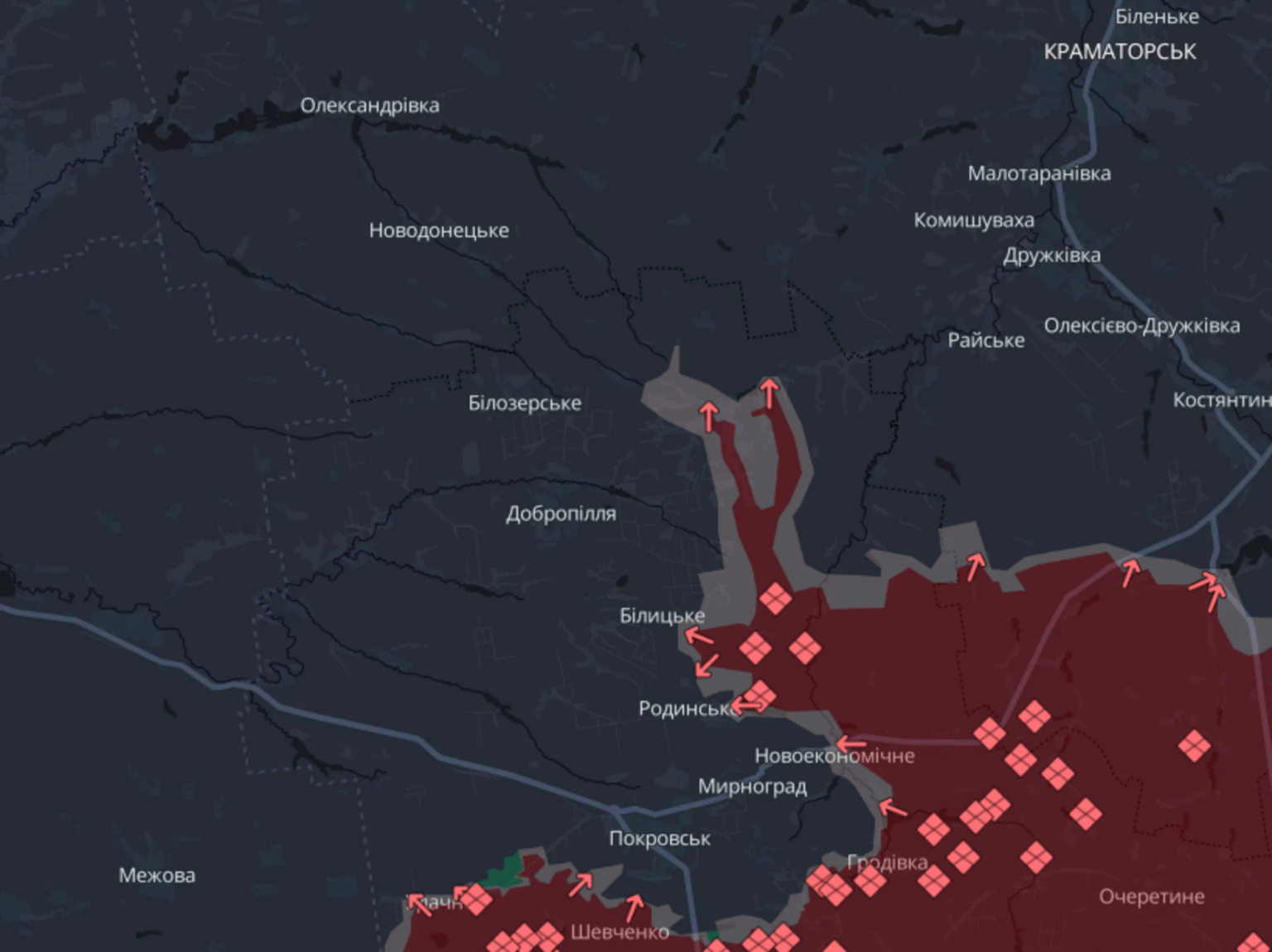Postup ruskej armády medzi mestami Pokrovsk (na juhu) a Kramatorsk (na severe) 11. augusta 2025. Reprofoto: DeepStateUA