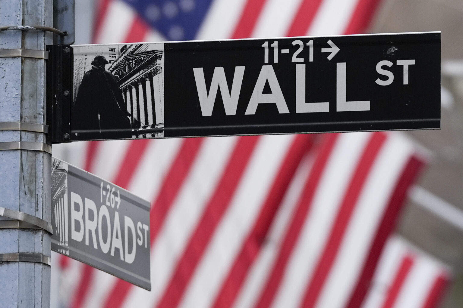 Smerovka pred budovou newyorskej burzy cenných papierov označuje križovatku ulíc Wall Street a Broad Street. Foto: TASR/AP
