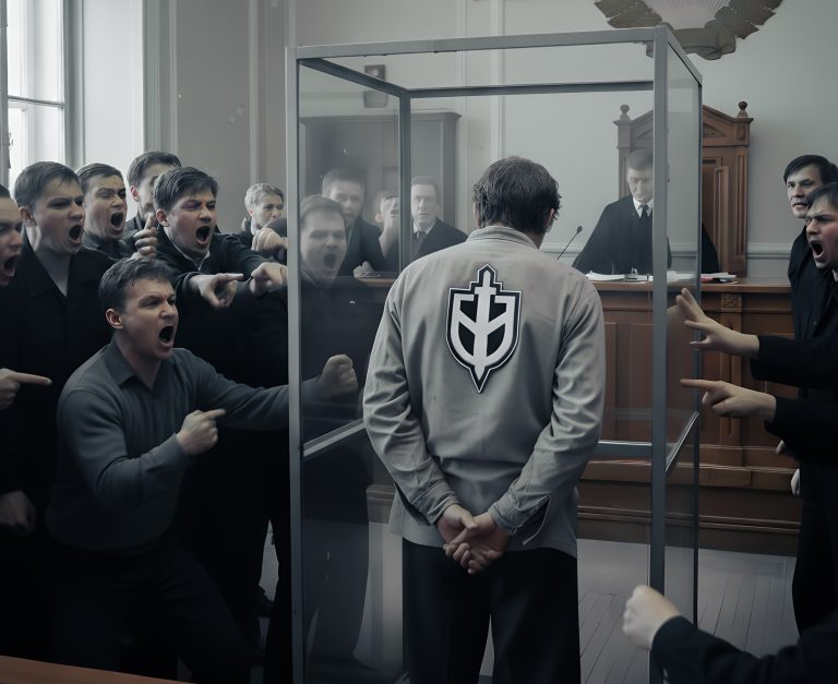 Der Angeklagte mit dem Zeichen RDK. Das illustrative Foto wurde mit Hilfe künstlicher Intelligenz erstellt. Foto: Štandard/Midjourney