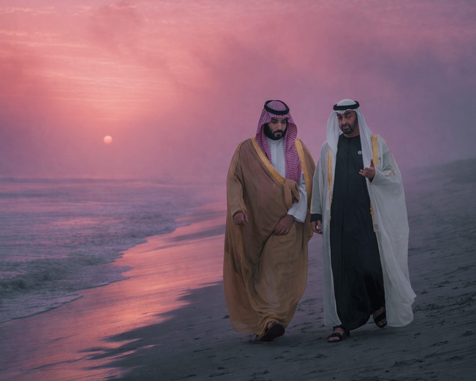 Muhammad bin Salmán a Muhammad bin Zájid. Fotografia bola upravená umelou inteligenciou. Foto: BANDAR ALGALOUD / SAUDI KINGDOM COUNCIL/Getty Images/ChatGPT