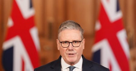 British Prime Minister Keir Starmer issues a statement at 10 Downing Street.