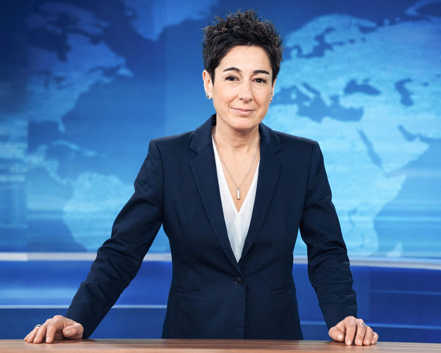 Dunja Hayali in the ZDF studio in Mainz, one of the network’s most prominent news anchors and a central figure in the debate over the broadcaster’s reporting on the United States.Photo: APA-Images/dpa/Hannes P Albert