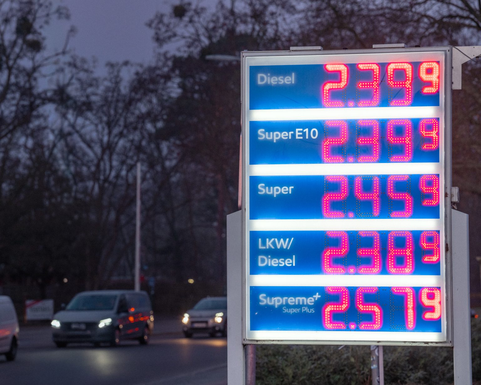 Fuel prices on display at a petrol station in Berlin as governments across Europe seek to curb rising energy costs. Photo: Soeren Stache/picture alliance/Getty Images