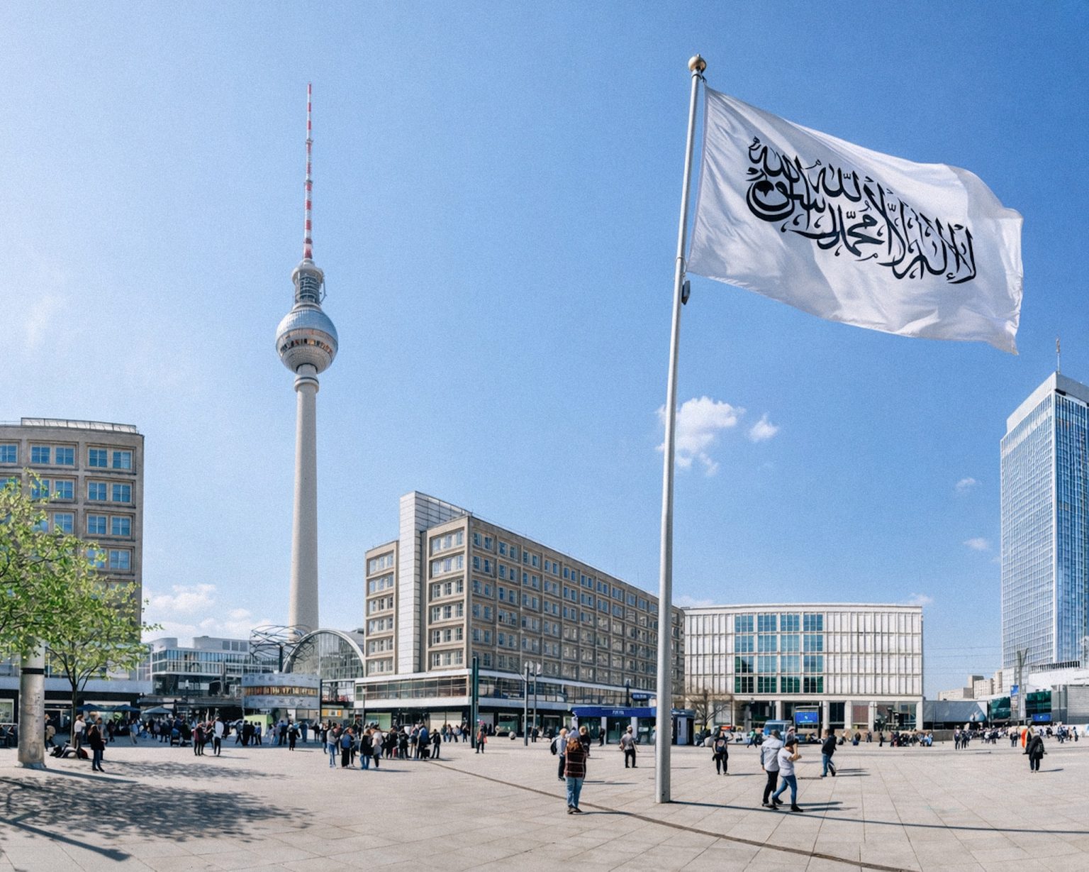 A fiction of the Taliban flag over Berlin. Photo: Andrey Danilovich/Getty Images/ChatGPT