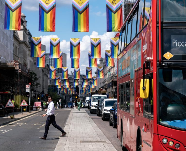 Modern totalitarians are not satisfied with mere tolerance toward other viewpoints. They demand participation and public declarations of loyalty to ideas like it is seen here with pride flags above Regent Street ahead of the Pride in London parade. Photo: Mike Kemp/In Pictures via Getty Images