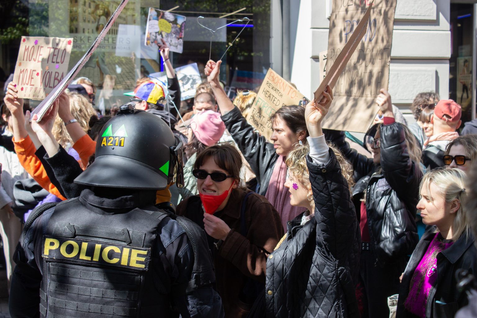 Na snímke stret protestného pochodu s ťažkoodencami, ktorí sa ich snažili oddeliť od ľudí v Pochode za život. Foto: Barbora Vizváryová/TASR