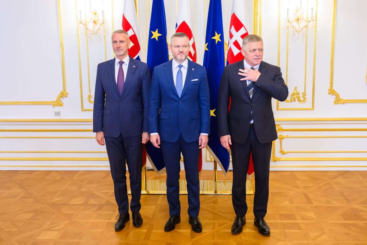 Traja najvyšší ústavní činitelia: Richard Raši, Peter Pellegrini a Robert Fico. Foto: Jaroslav Novák/TASR