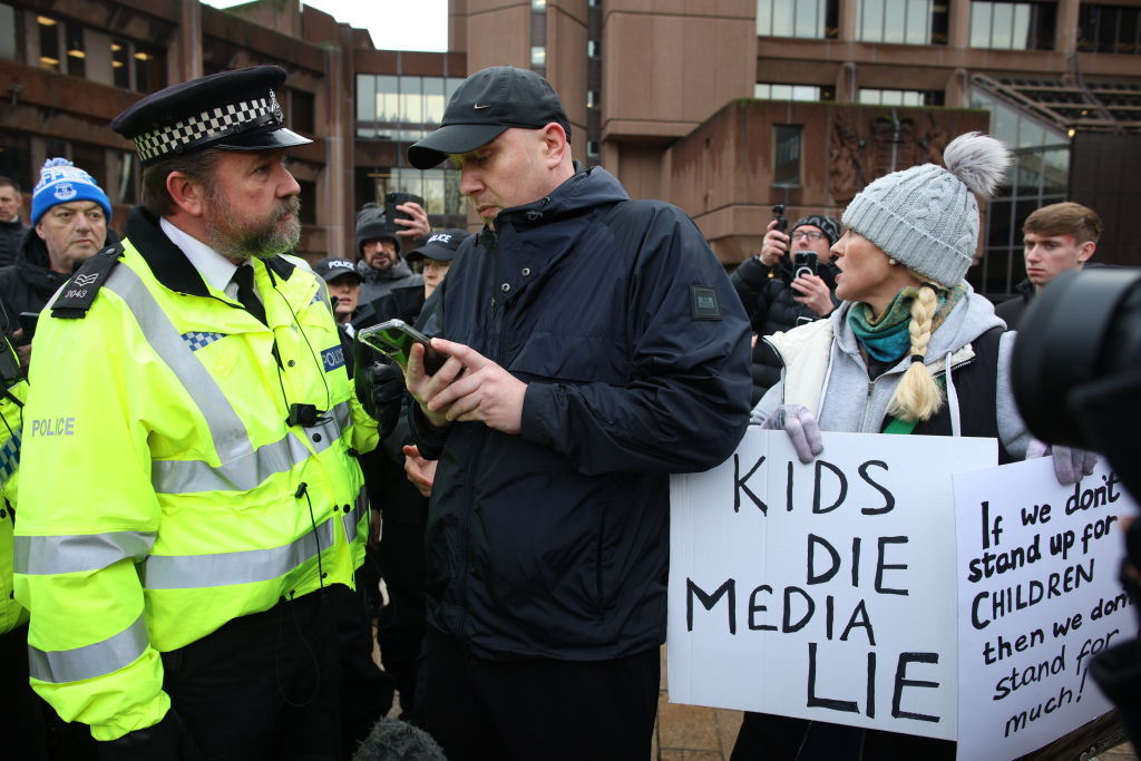 People gather in protest outside Liverpool Crown Court on 23 January 2025 ahead of the sentencing of Axel Rudakubana. Photo: Ryan Jenkinson/Getty Images
