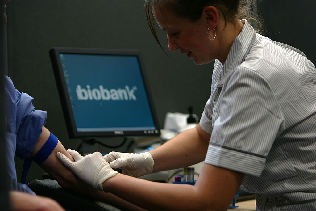 A clinician collects a blood sample from a volunteer, illustrating how large-scale health studies rely on patient contributions to build datasets used in medical research. Photo: Christopher Furlong/Getty Images