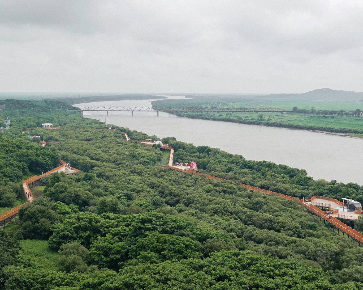 View of the bridge across the Tumen River linking Russia and North Korea, seen from Hunchun in northeast China. Photo: Tang Ke/Feature China/Future Publishing/Getty Images