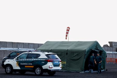 Members of the Spanish Civil Guard prepare for the MV Hondius cruise ship.