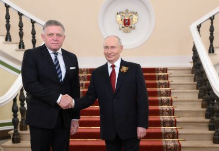 Vladimir Putin receives Robert Fico at the Kremlin during Russia’s Victory Day commemorations. Photo: Sputnik/Grigory Sysoev/Reuters