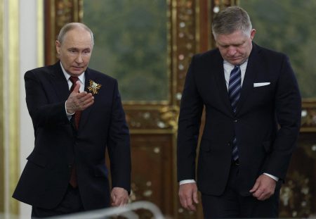 Russian President Vladimir Putin and Slovak Prime Minister Robert Fico.