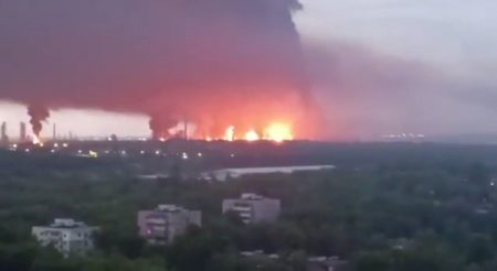 Fire and thick smoke rise near the Ryazan oil refinery.