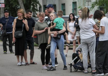 People on the street after an attack in Dnipro.