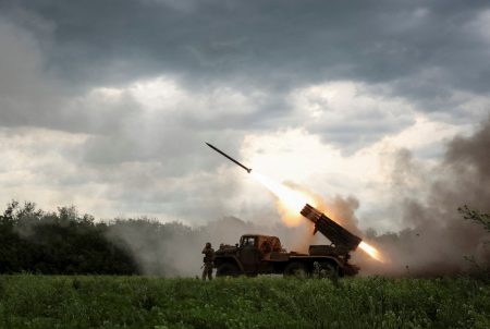 Ukrainian rocket system during combat operations.