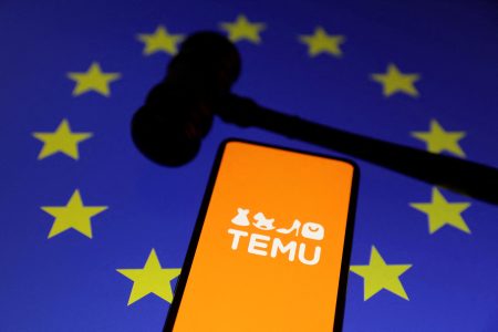Temu logo, gavel, and EU flag.