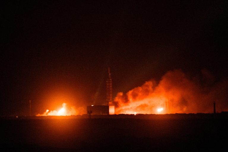 A Blue Origin rocket explodes during a ground test.