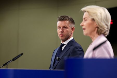 Ursula von der Leyen with Peter Magyar. Photo: Omar Havana/Reuters
