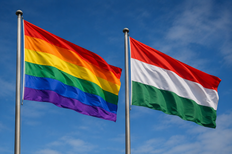 The Hungarian and rainbow flags fly side by side as Budapest faces pressure to revise its LGBT laws. Photo: ChatGPT/Statement