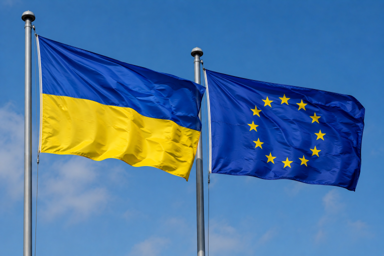 Vlajky Ukrajiny a Európskej únie.