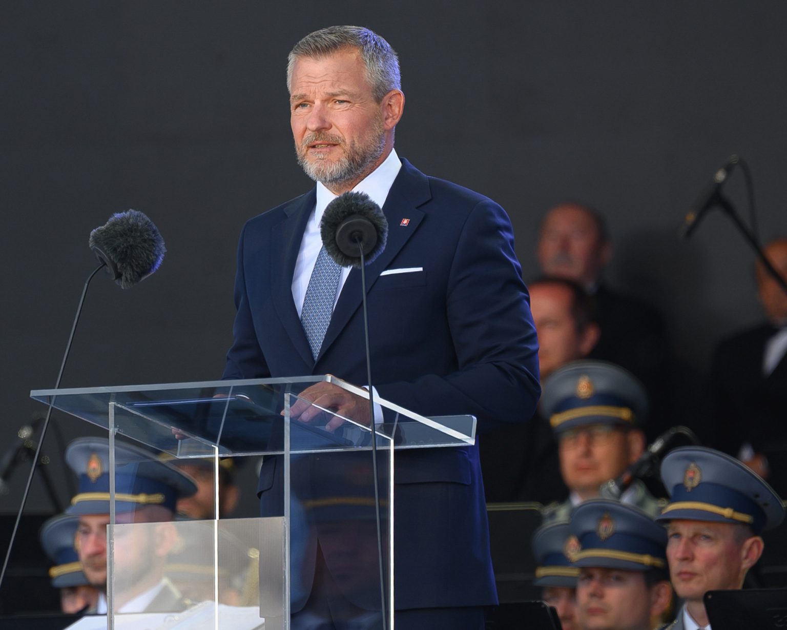 Prezident SR Peter Pellegrini počas príhovoru na oslavách víťazstva nad fašizmom.