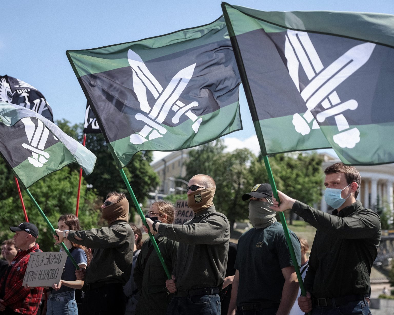 Activists of Ukrainian right-wing movements at a rally.