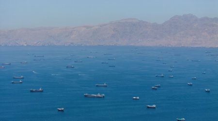 Vessels anchored at the Strait of Hormuz.