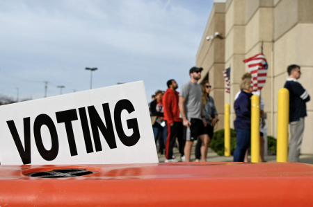 Voters outside a polling place in the US. Photo: Gaelen Morse/Reuters