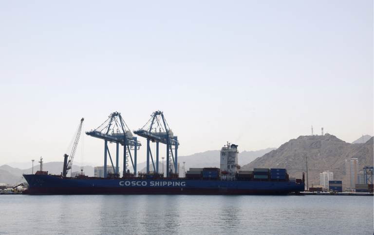 A container ship is docked at the Port of Fujairah as the conflict with Iran strains shipping routes through the Strait of Hormuz. Photo: Amr Alfiky/Reuters