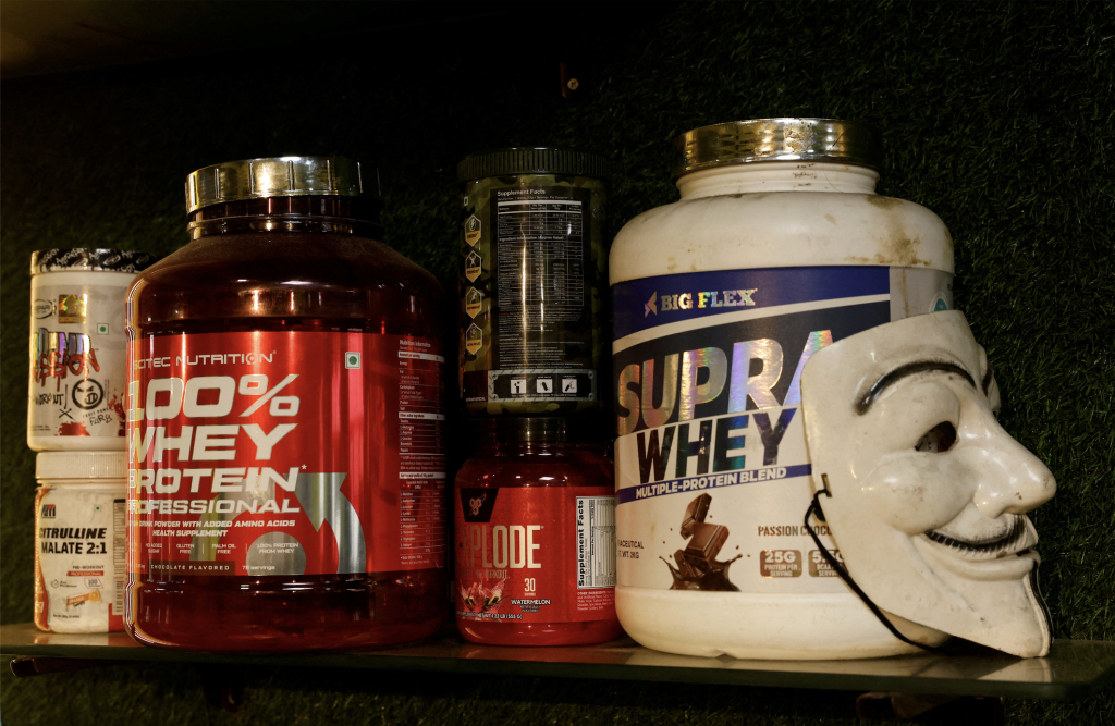 Boxes of whey protein are displayed on a shelf in a gym in New Delhi, India. Photo: REUTERS/Priyanshu Singh