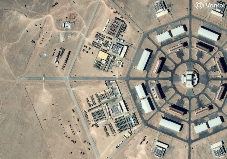 Military activity at an octagon-shaped installation in Xinjiang.