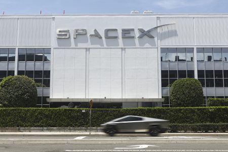 SpaceX signage outside its facility in Hawthorne.
