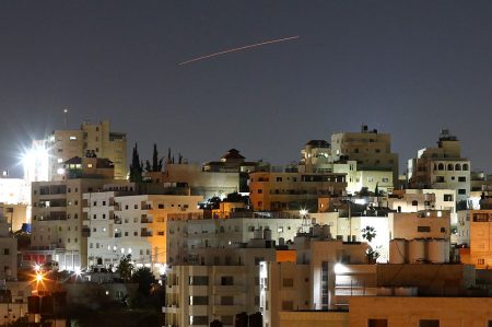 A missile from Iran streaks across the sky over Hebron on 7 June 2026. Photo: Wisam Hashlamoun/Anadolu/Getty Images