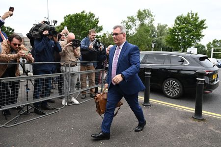 Sir Jeffrey Donaldson arrives at Newry Crown Court.