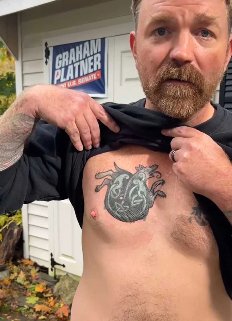Graham Platner says he has covered a controversial tattoo linked to the Nazi SS with a new design featuring a Celtic knot and a dog. Photo: Grahamformaine / Instagram Screenshot