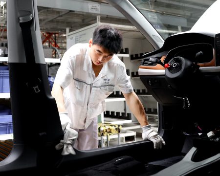 A worker on the assembly line at FAW-Volkswagen's plant.