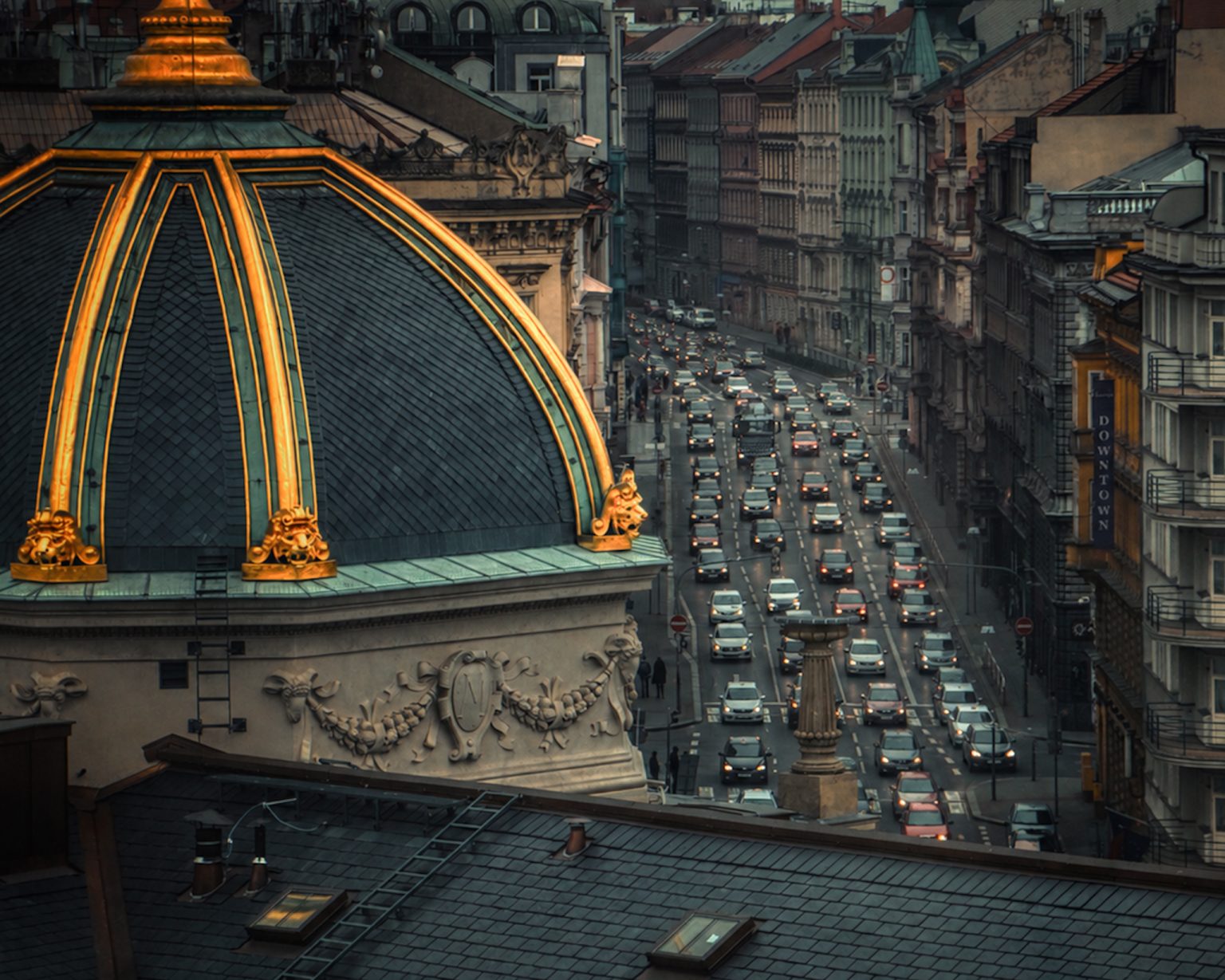 Traffic view from the National Museum in Prague.
