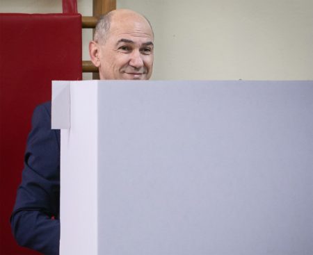 Slovenian Prime Minister Janez Jansa votes in elections.