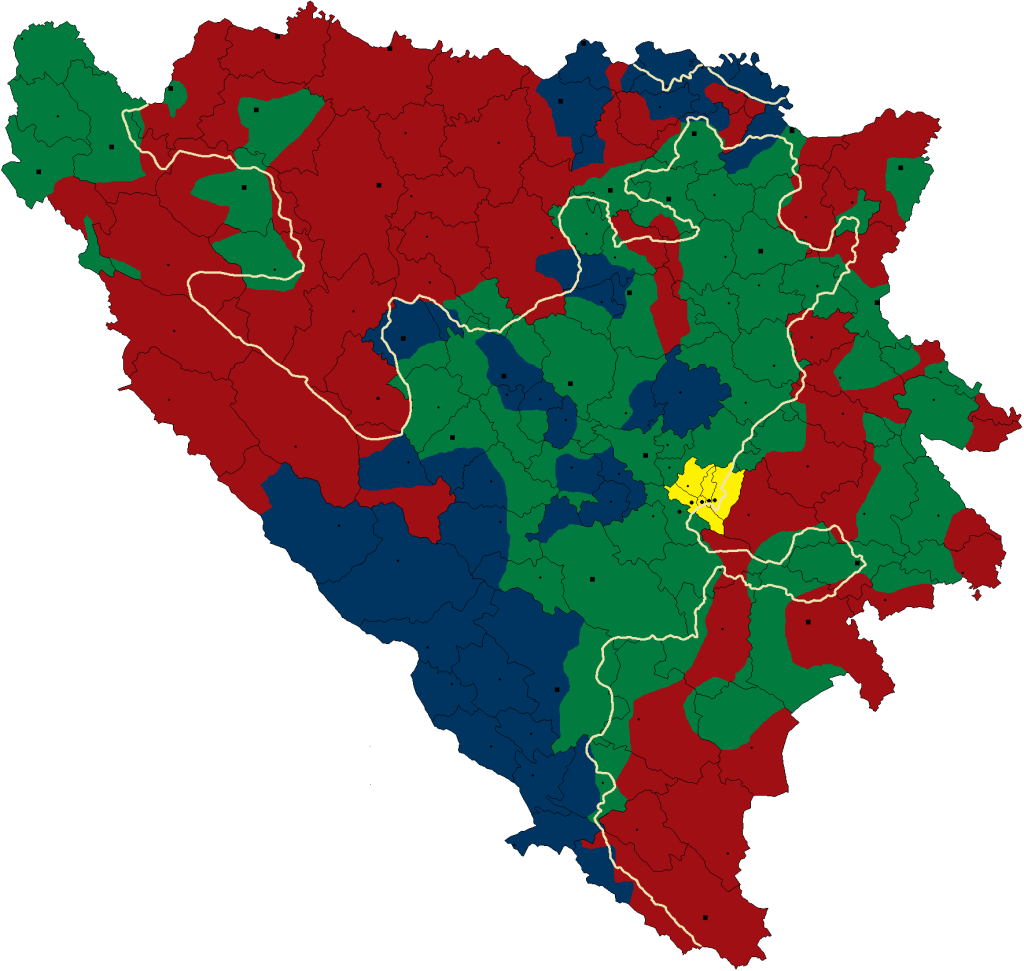 Návrh rozdelenia Bosny na etnické kantóny podľa britského lorda Petra Carringtona a portugalského veľvyslanca pri Rade Európy Josého Cutileira z roku 1992. Legenda: zelená – bosnianske kantóny, modrá – chorvátske kantóny, červená – srbské kantóny. Zdroj: Ceha – Own work via Wikimedia Commons CC BY-SA 4.0