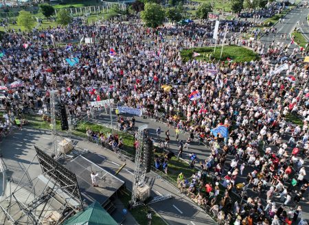Demonstrators at an anti-government protest in Novi Sad.
