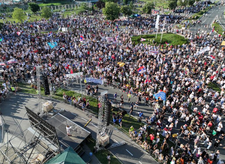 Demonstrators at an anti-government protest in Novi Sad.