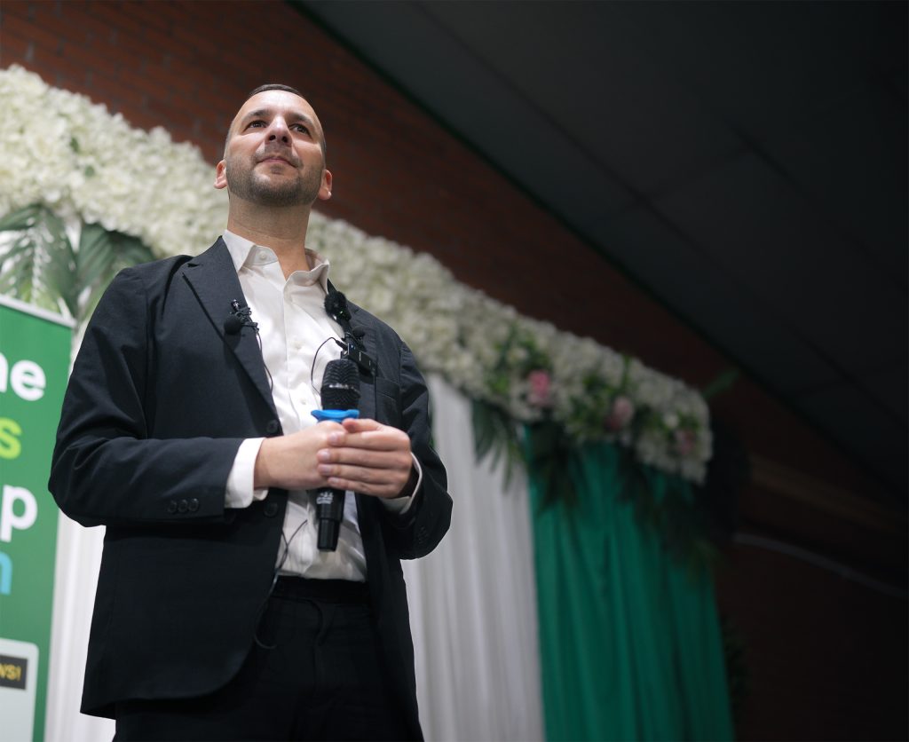 Green Party leader Zack Polanski addresses a rally at the Muslim Community Centre in Longsight, where the party is treading carefully over LGBTQ tensions. Photo: Christopher Furlong/Getty Images