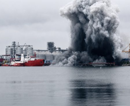 Smoke rises over the port of Constanta.
