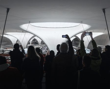 Visitors inspect the concourse of Stuttgart's future station.