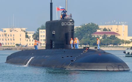 Russian Navy Kilo-class submarine Ufa arrives at a military port ahead of the \"Joint Sea-2026\" joint naval exercise between the Chinese and Russian navies in Qingdao, Shandong province, China, 5 July 2026.